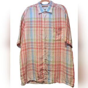 Tommy Bahama Shirt Mens L Blue Pink White Plaid 100% Linen Short Sleeve …